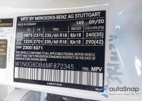 2021 Mercedes-Benz Glc 300 Suv из США, поврежденный, VIN W1N0G8DB6MF872345
